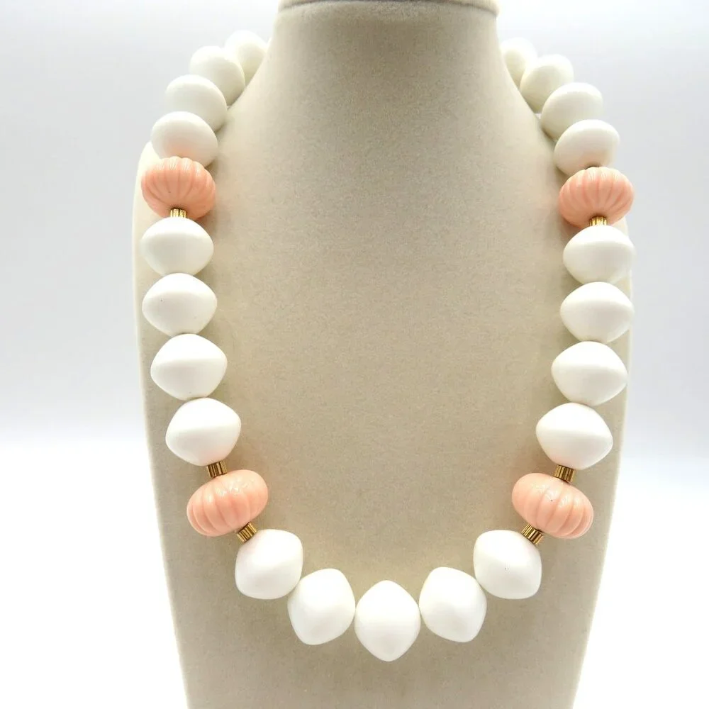 Vintage Chunky Beaded Necklace White Pink Melon Gold Tone Spacer Costume Jewelry